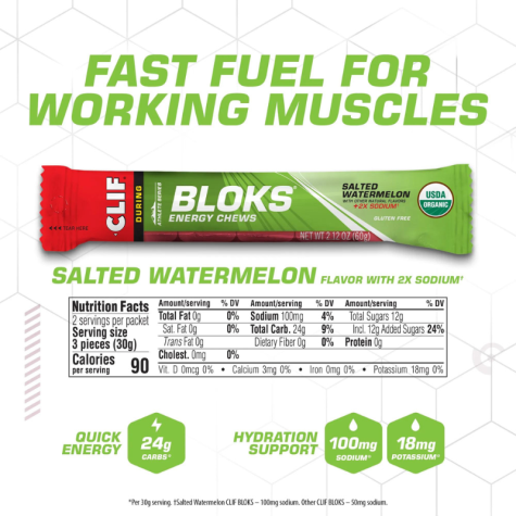 Clif Bloks Energy Chews - Salted Watermelon Flavor with 2X Sodium